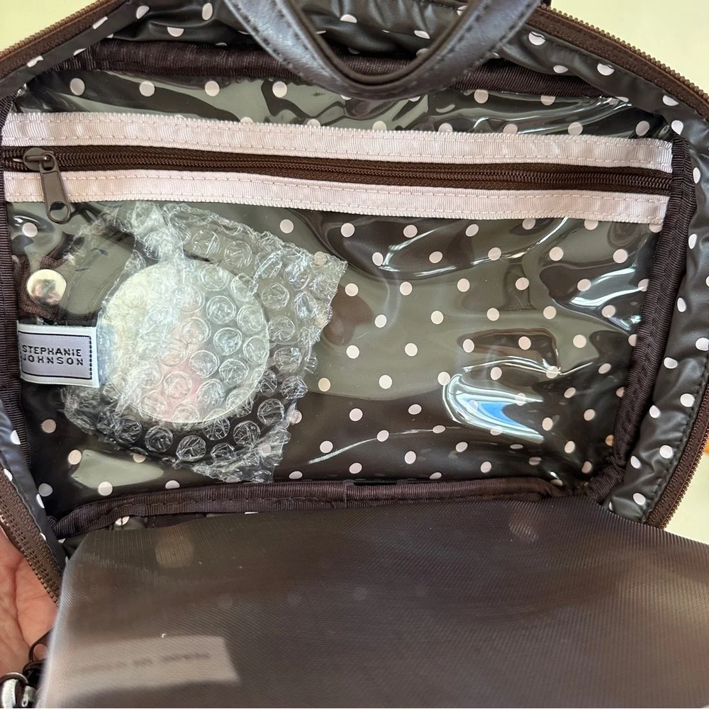 Stephanie Johnson Brown and Pale Pink Heart ML Traveler Cosmetics Case
